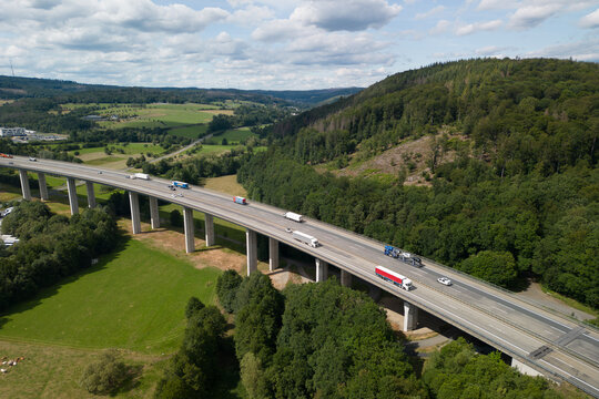 Aerial view of an autobahn bridge going over the valley in the countryside of Haiger, Hessen,Germany