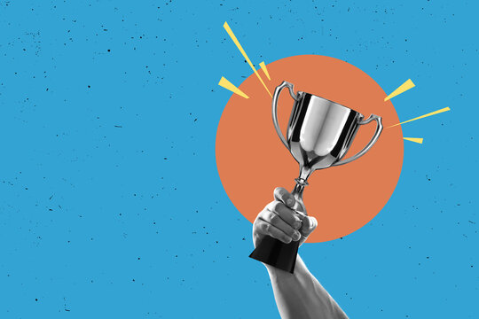 Flat design Illustration. Hand holds and raised cup trophy, holding cup against clean backgrund. award and victory concept
