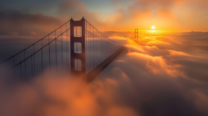 In the early hours of morning, the Golden Gate Bridge is enveloped in a golden haze as the sun...