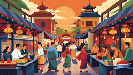 Bustling Traditional Asian Market at Sunset. Vector illustration for Qixi festival. Chinese Valentine's Day, Double Seventh Festival, the Magpie Festival.