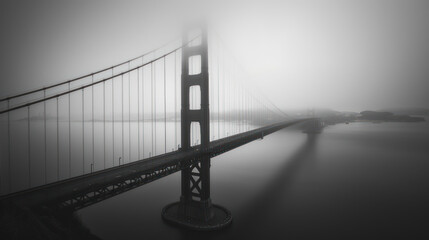 In the quiet moments before sunrise, the Golden Gate Bridge is veiled in mist, its iconic form a...