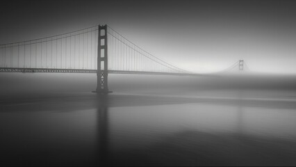 In the quiet moments before sunrise, the Golden Gate Bridge is veiled in mist, its iconic form a ghostly apparition against the foggy backdrop of the bay.