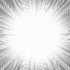 Halftone gradient sun rays pattern. Abstract halftone vector dots background. monochrome dots pattern. Vector background in comic book style with sunburst rays and halftone. Retro pop art design.