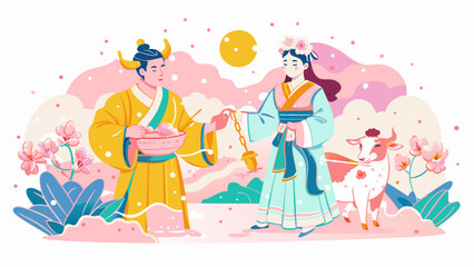 Fototapeta premium Traditional Asian Couple in Folk Costumes with Cherry Blossoms. Vector illustration for Qixi festival. Chinese Valentine's Day, Double Seventh Festival, the Magpie Festival.