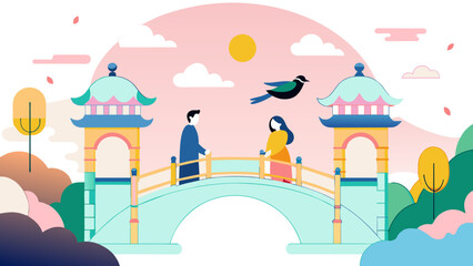 Serene Sunset at Oriental Pavilion Bridge with Couple and Bird. Vector illustration for Qixi festival. Chinese Valentine's Day, Double Seventh Festival, the Magpie Festival.