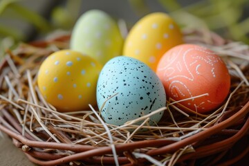 Colorful easter eggs in nest on wooden background. Selective focus.