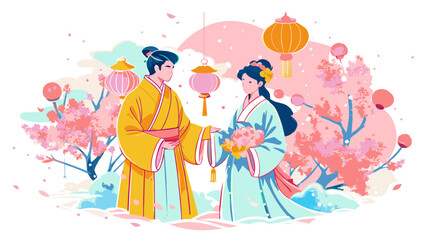 Traditional Japanese Kimono Women with Cherry Blossoms and Lanterns Illustration. Vector illustration for Qixi festival. Chinese Valentine's Day, Double Seventh Festival, the Magpie Festival.