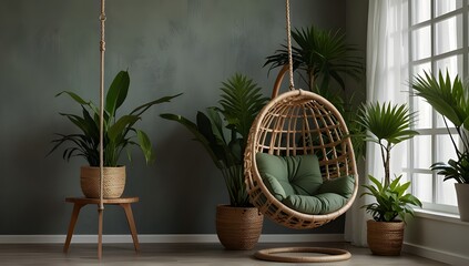 Tropical plants with green leaves and swing chair in room interior