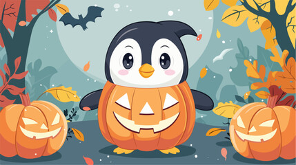 Cartoon Cute penguin in pumpkin Vector style vector