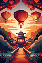 Enchanted Oriental Sunset Landscape with Love Lanterns. Vector illustration for Qixi festival. Chinese Valentine's Day, Double Seventh Festival, the Magpie Festival.