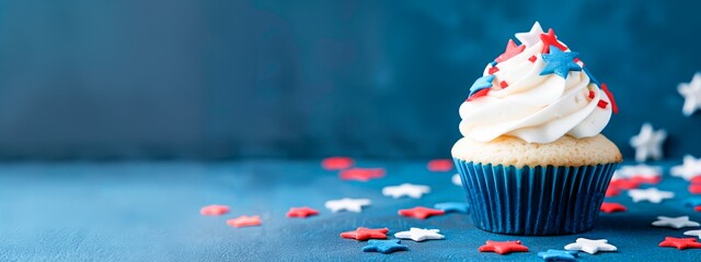 4th of July cupcake with red, white and blue stars on a gradient background banner for design or text placement.
Independence Day,  USA national holiday, banner wallpaper