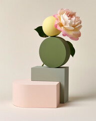 A pink and green sculpture with an abstract shape on top. A yellow ball is balancing between two grey circles on a light beige background.