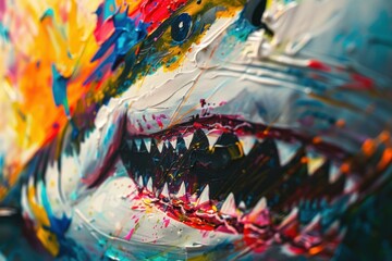 Closeup of an abstract painting capturing the essence of a shark with vibrant, expressive brushwork