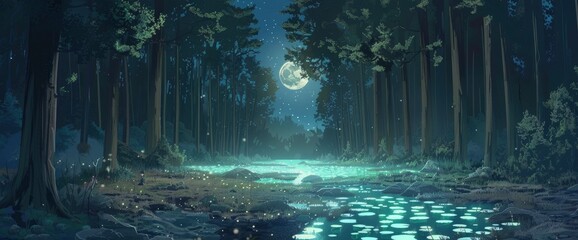 Stunning Illustration Of A Night Forest With A Full Moon, Glowing Blue Green Water In The Middle,...