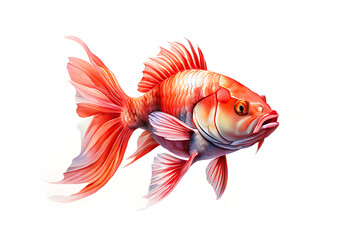 Fototapeta premium Watercolor illustration of a red and white goldfish swimming, its tail waving gracefully on a white background.