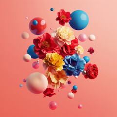 lush roses, peonies, pastel light background, floating in the air, minimalistic design, a flat lay of red, blue, yellow and beige spheres and geometries with an isometric view against