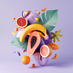 abstract composition of differently tropical summer leaves and fruits, oranges, bananas, mangoes, papaya, light pastel background