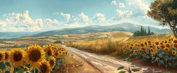 Sunflowers On The Side Of An Italian Road, With Mountains In The Background And An Old Car Driving...