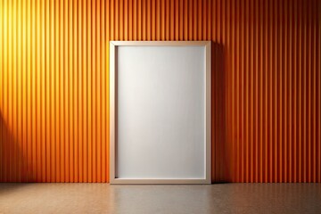 Empty white frame on orange wall. Mock up.