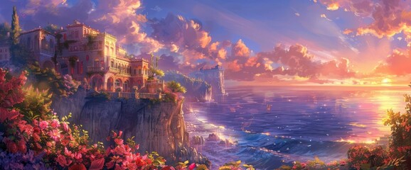 Sunset Over The Sea, Houses On Cliffs Overlooking The Ocean, Romantic Atmosphere, Colorful Sky With...