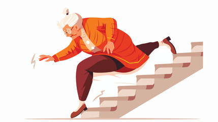 Old woman falls down stairs. Senior lady stumbling sl