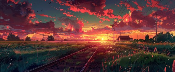 Sunset, The Sky Full Of Red Clouds, The Sun Setting In The West, A Rural Landscape With Railway...