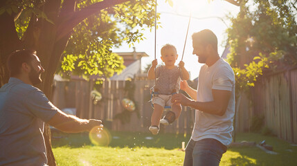 Two fathers playing with their toddler in a backyard. One father is pushing the toddler on a swing...