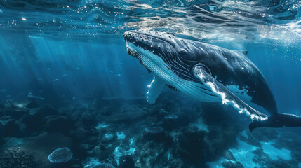 Fototapeta premium Journey to the depths of the ocean with our vast collection of underwater photography and artwork, capturing the awe-inspiring beauty and mystery of the marine world.