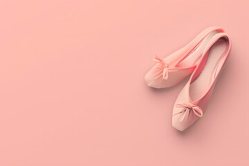 A high-resolution image of a pair of classic ballet shoes on a solid light pink background 