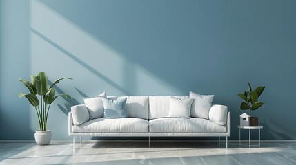 White cozy couch against blue wall in contrast , plant on sides , modern living room scene 
