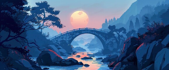 The Illustration Depicts The Setting Sun Over An Old Stone Bridge In A Mountain Stream Surrounded By Trees And Rocks