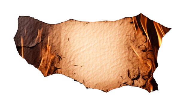 Crumpled paper with charred edges, burning paper isolated on trasnparent background.


