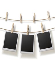 Blank photo frames with clothespins on a rope.