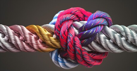 Image of multiple colors ropes tied together in a complex knot, highlighting the strength and unity of teamwork	