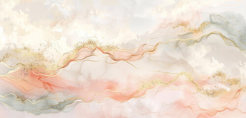 Obraz premium Calm wide-format ivory and blush watercolor view enriched with gold.