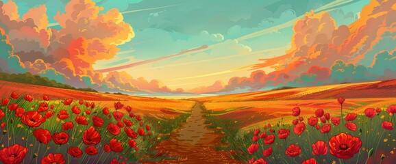 The Poppy Fields Under The Sunset Sky, With Clouds And Rivers In The Distance, Are Filled With Red...
