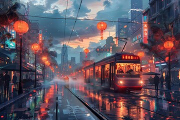 Tram in a vibrant city street during a festival. Red lanterns decorate the night scene. People enjoying evening festivities. Colorful and reflections create  lively atmosphere. Blend of traditional