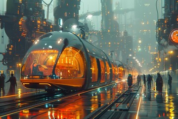 Advanced futuristic train in a neon-lit city. Evening setting with sleek trains on wet tracks. Urban environment with tall structures and vibrant colors. High-tech transportation showcasing innovation