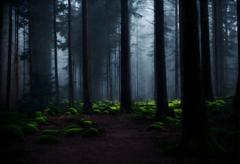 Mysterious Green dark pine tree forest, cinematic foggy trunk in nature, spruce trees in mysterious horror park
