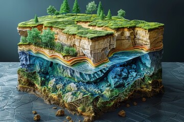 Cube-shaped cross-section of landscape showing detailed geological layers, vegetation on top, rocks, water, and soil layers below. Miniature forest with diverse flora, intricate geological features.