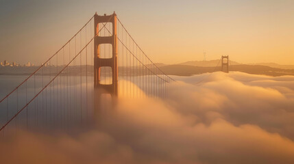 Fototapeta premium The early morning light bathes the Golden Gate Bridge in a soft, golden glow, its iconic silhouette looming majestically through the thick fog that blankets the bay.