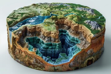 Circular cross-section of terrain showing deep canyon, various geological layers, and river. Top view with landscape, mountains, forests, illustrating complex geological features and natural beauty