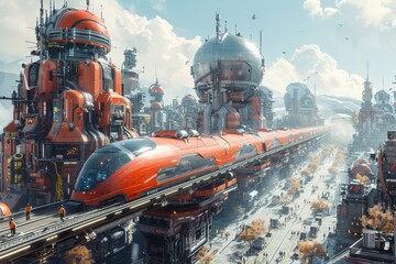 High-tech train passing through a futuristic city with towering buildings and advanced infrastructure. Orange color scheme dominates the scene. Sleek design and cutting-edge technology define