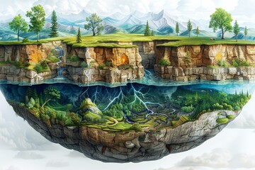 Artistic cross-section of floating landscape with detailed geological layers. Top surface with trees, grass, and water, underground view shows roots and rocks, depicting connection between surface  .