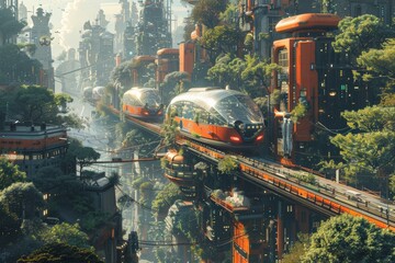 Futuristic city with elevated trains moving through lush greenery and towering buildings. Innovative urban design integrates nature with advanced technology.  modern sustainable infrastructure.