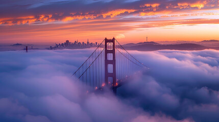 Fototapeta premium The sun rises behind the fog-covered Golden Gate Bridge, casting a warm, golden glow over the misty landscape as the city awakens to a new day. 