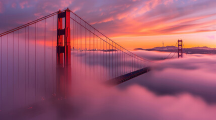Fototapeta premium The sun rises behind the fog-covered Golden Gate Bridge, casting a warm, golden glow over the misty landscape as the city awakens to a new day. 