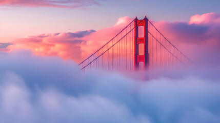 Obraz premium The sun rises behind the fog-covered Golden Gate Bridge, casting a warm, golden glow over the misty landscape as the city awakens to a new day. 