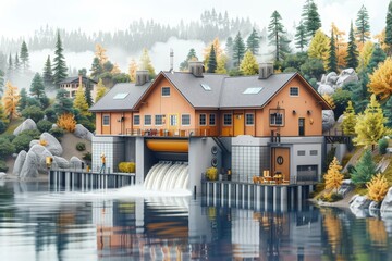 Modern orange hydropower plant building surrounded by autumn trees and foggy hills. Clear water flows from the dam into a calm lake, showcasing an eco-friendly rural energy solution.