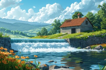 Serene countryside view with stone building with red roof beside a small waterfall. Lush green valley with bright orange flowers surrounding the clear blue water under a bright blue sky...